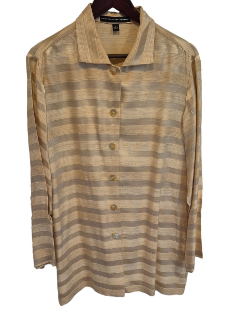 Linda Allard Ellen Tracey Gold Metallic Striped Long Sleeve Blouse Dressy